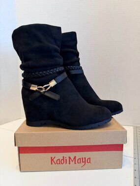KADI MAYA Women’s Black Suede Gold Buckle Boots (Size 7.5) BRAND-NEW & BEAUTIFUL